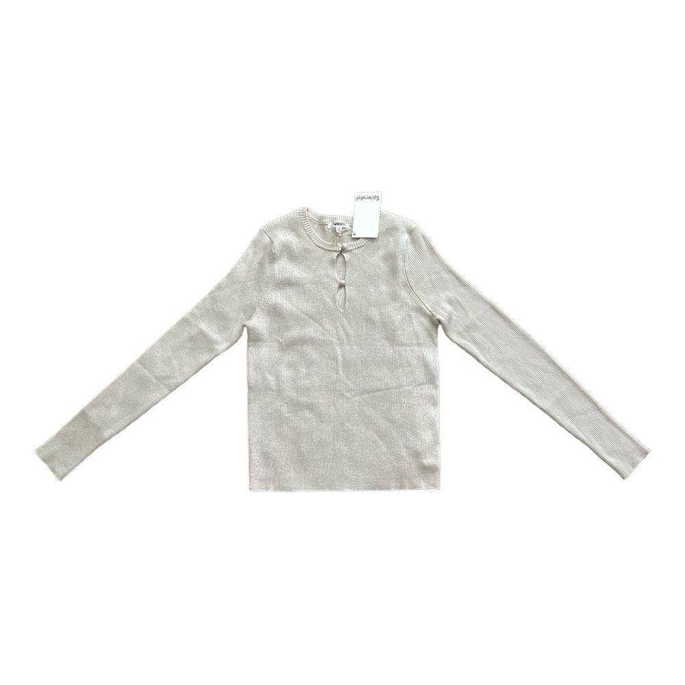 Splendid Peyton Lurex Metallic Rib Knit Keyhole Sweater Cream Sand Medium - Picture 2 of 6